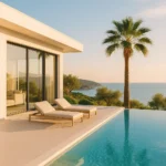 Luxury villa with infinity pool overlooking the sea at sunset